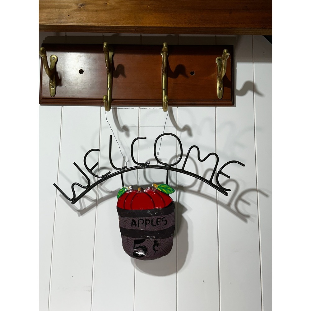 Vintage Farmhouse Metal Welcome Sign Apple Basket Wire Wall Decor 5 Cents Rustic